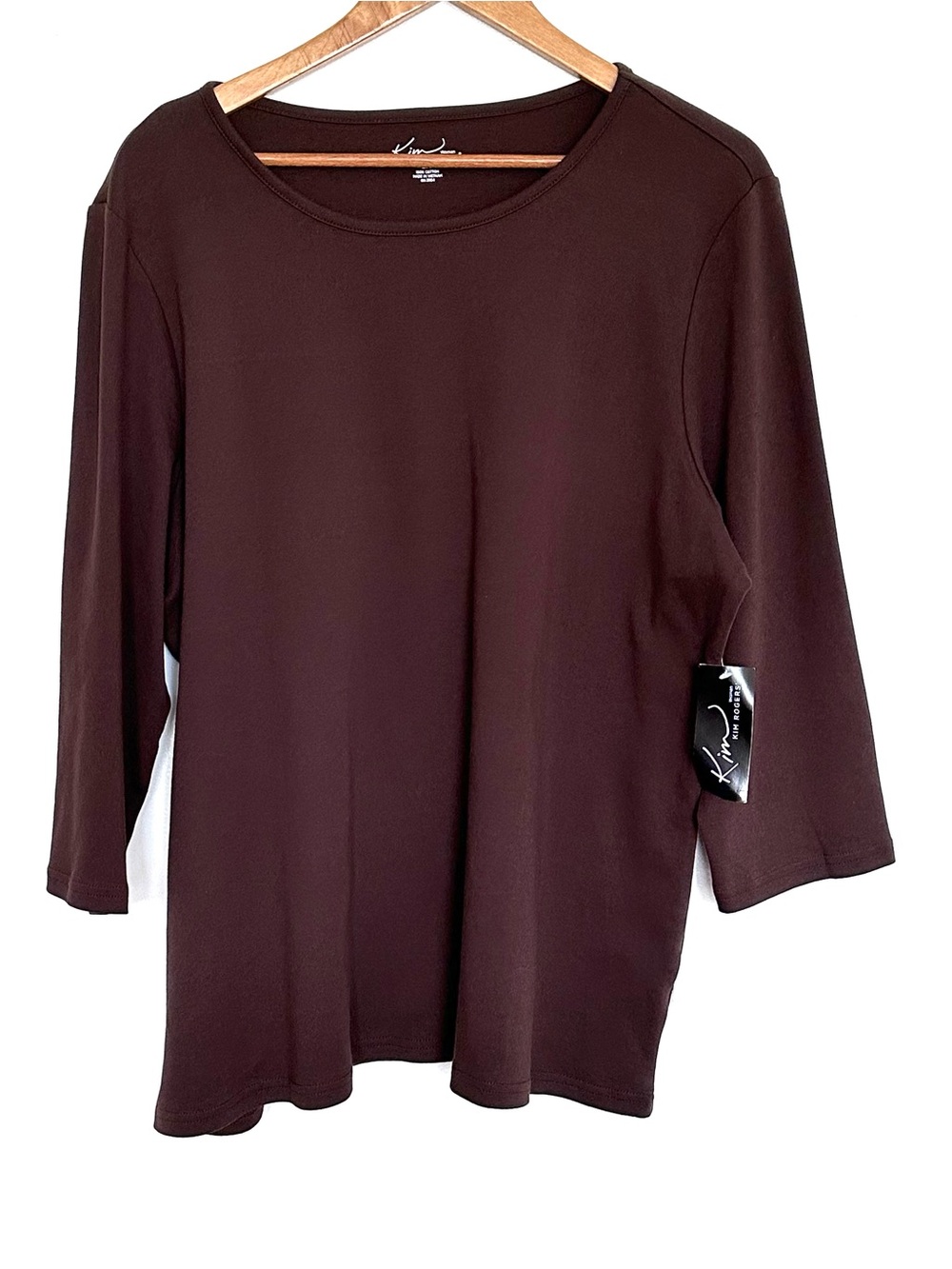 NWT Kim Rogers Plus Shirt Women’s 2X Brown Cotton 3/4 Sleeve Pullover Top